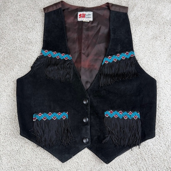 SU Leather Fashions Jackets & Blazers - SU Leather Fashions Black Suede Vest Embroidered Fringe Western Cowgirl Womens M